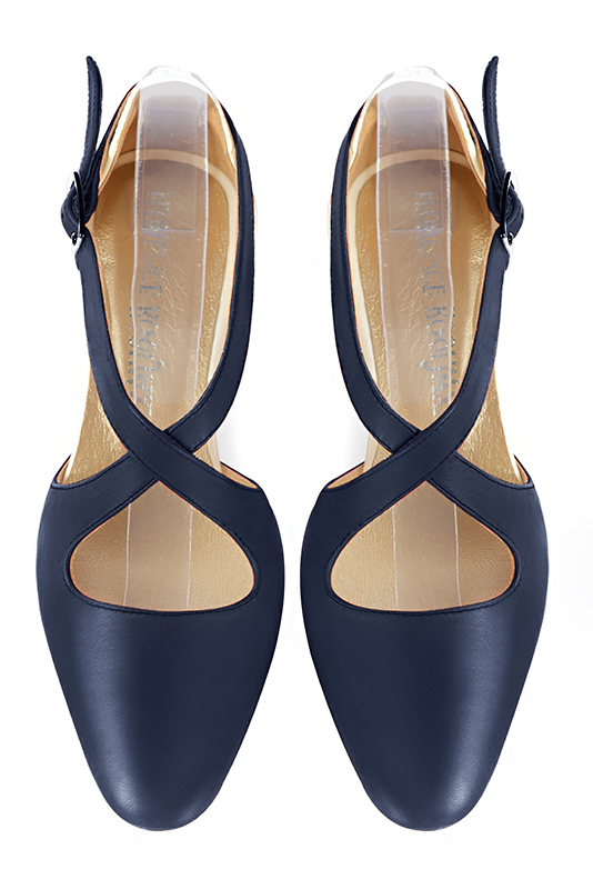 Navy blue and off white women's open side shoes, with crossed straps. Round toe. Low comma heels. Top view - Florence KOOIJMAN